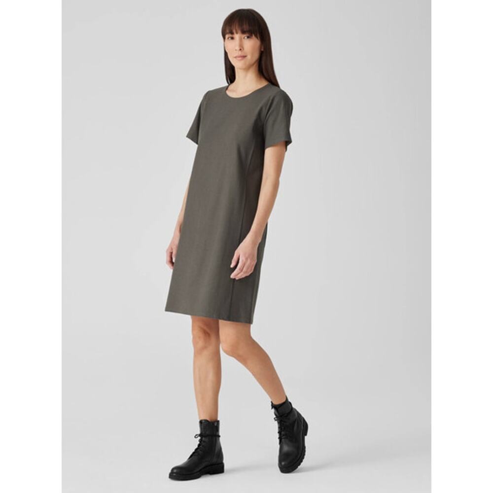 Eileen Fisher Washable Stretch Crepe Jewel Neck Dress Olive Green Short Sleeve S